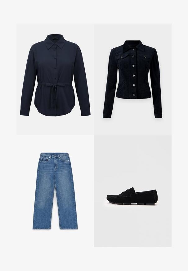 Veste en denim côtelée bleu marine avec une coupe ajustée, manches longues, fermeture à boutons, deux poches poitrine, et des accents de quincaillerie ton argent.; Chemise boutonnée bleu marine à manches longues avec col et ceinture en tissu nouée à la taille, coupe ajustée.; Jean en denim bleu clair, coupe large avec taille haute, design à cinq poches et surpiqûres contrastées. Doté d'une fermeture par bouton et de passants de ceinture.; Mocassin en daim noir avec semelle en caoutchouc, présentant des détails cousus et une bande décorative sur le dessus pour une texture supplémentaire.