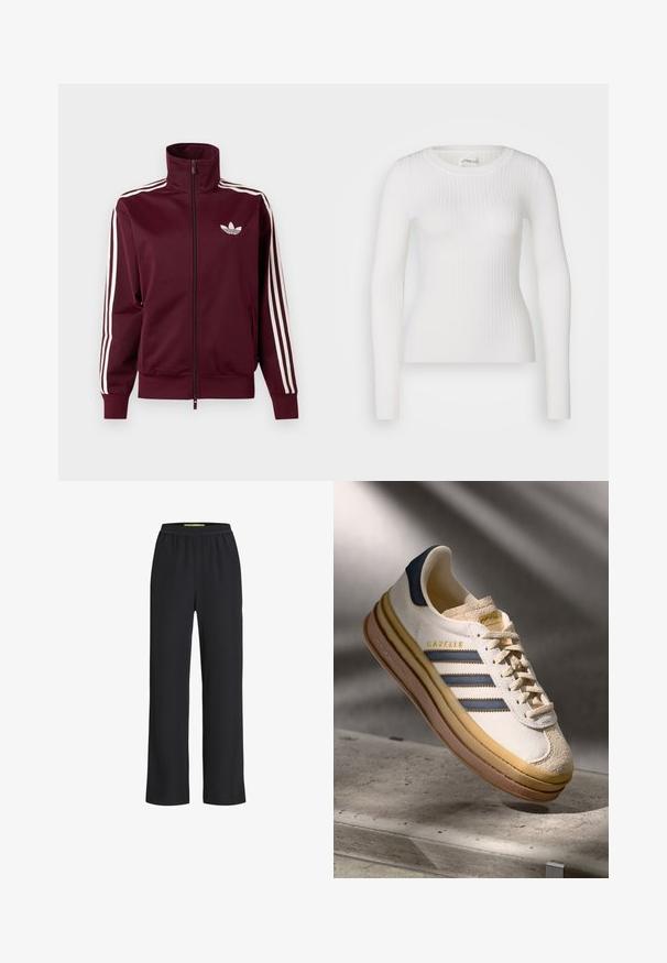 Vinrød lynlåstræningstrøje med hvid Adidas-logo på brystet og tre hvide striber ned langs hver ærme og manchetter.; Hvid langærmet ribbet top med en rund halsudskæring. Stoffet er glat og har en subtil tekstur samt en tætsiddende design. Ingen synlige detaljer eller mønstre.; Sorte bredde-ben bukser med elastisk talje, lavet af et blødt stof, der har en glat overflade og en løs pasform hele vejen ned ad benene.; Adidas Gazelle sneaker med en creme farvet ruskindsoverdel, blå læderdetaljer, tre blå striber, beige mellemsål og brune gummisål.