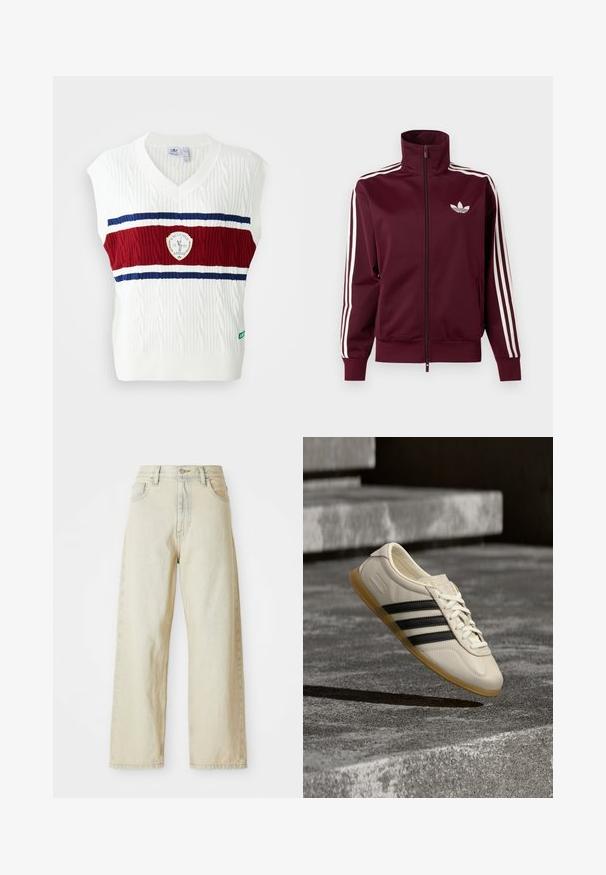 Donkerrode trainingsjas met rits, voorzien van een wit Adidas-logo op de borst en drie witte strepen die langs elke mouw en manchetten lopen.; Witte mouwloze vest met kabelgebreide textuur, voorzien van een rood en blauwe gestreepte band en een cirkelvormig logo. Ribgebreide halslijn en zoom.; Brede denimjeans in een licht beige tint, met voorzakken, een hoge taille en subtiele stikdetails. Gemaakt van textuurdenim.; Witte sneaker met zwarte strepen en rubberen zool zwevend boven betonnen trap in zacht daglicht.
