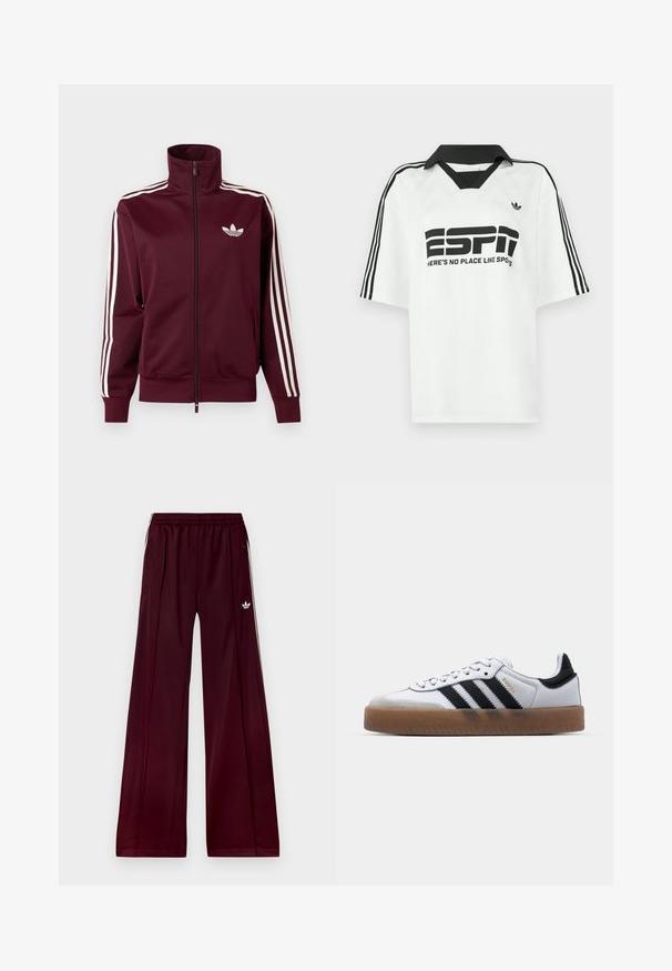 Tumepunane lukuga spordijakk, millel on valge Adidas logo rinnal ning kolm valget triipu kummalgi varrukal ja mansettidel.; Valge lühikeste varrukatega särk, millel on must krae, kolm musta triipu varrukatel ja paks must kiri, mis ütleb "ESPN" ja "HERE'S NO PLACE LIKE SPOTS."; Burgundi tooni spordipüksid mugava lõikega, valminud siledast materjalist, millel on kaks küljetaskut ja valged kontrastsed triibud külgedel.; Valged nahast tossud mustade triipudega, kummist välistald, ümmargune nina, seotud sulgemine ja pehme hall suede ninaosa.