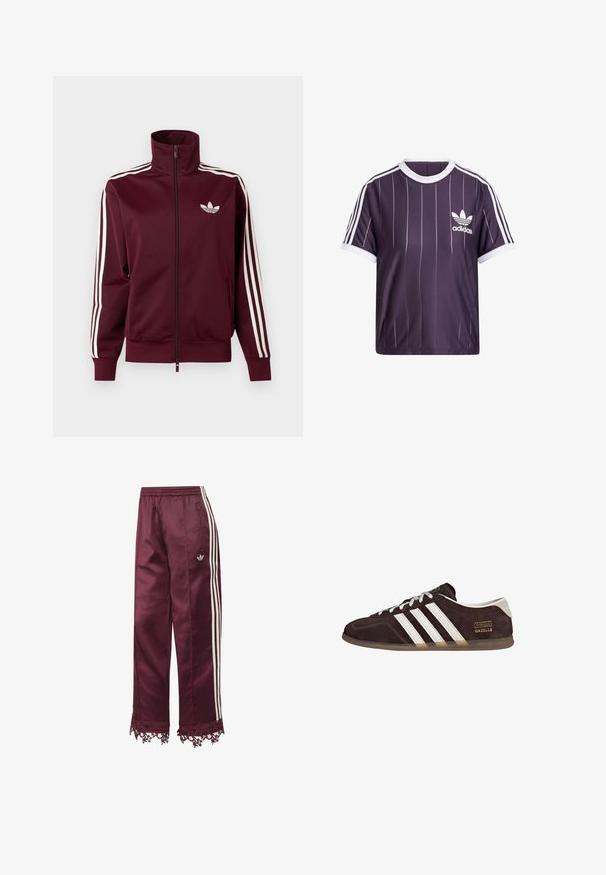 Maroon zip-up track jacket with white Adidas logo on chest and three white stripes running down each sleeve and cuffs.; Purple athletic t-shirt with white vertical stripes, round white collar, and Adidas logo in white on the left chest. Short sleeves.; Maroon satin track pants with white side stripes, elastic waist, zip pockets, and lace trim at the hem.; Brown suede sneakers with three white stripes, rubber sole, and text label reading "Gazelle" in gold. Lace-up design with gray laces.