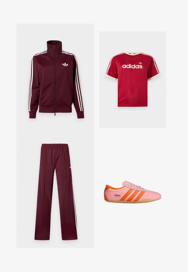 Hnedočervená športová bunda na zips s bielym logom Adidas na hrudi a tromi bielymi pásmi vedúcimi po celej dĺžke rukávov a manžiet.; Červené sieťované tričko Adidas s béžovým lemovaním na golieri, rukávoch a troch pruhmi na pleciach, s logom Adidas a textom na prednej strane.; Vínové teplákové nohavice s elastickým pásom, bočnými vreckami na zips, bielymi bočnými pruhmi a malým bielym logom Adidas na pravej stehne.; Ružová sneakerka s oranžovými akcentmi, s tromi pruhmi, textúrovaným materiálom, šnurovaním vpredu a gumovou podrážkou. Branding na boku.