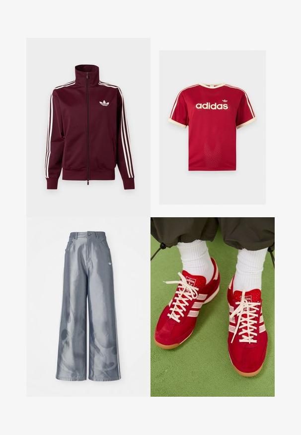 Vinrød lynlåstræningstrøje med hvid Adidas-logo på brystet og tre hvide striber ned langs hver ærme og manchetter.; Rød Adidas mesh t-shirt med beige kant på krave, ærmer og de tre striber på skuldrene, med Adidas-logo og tekst på fronten.; Bredde benbukser i skinnende grå materiale med hvide sidelookstriber og et flammemønster på underbenene. Knap- og lynlåslukning i taljen.; Røde ruskind og mesh sportssko med hvide striber og snørebånd. Gummisål. Båret med hvide ribbede sokker på en grøn tekstureret overflade.