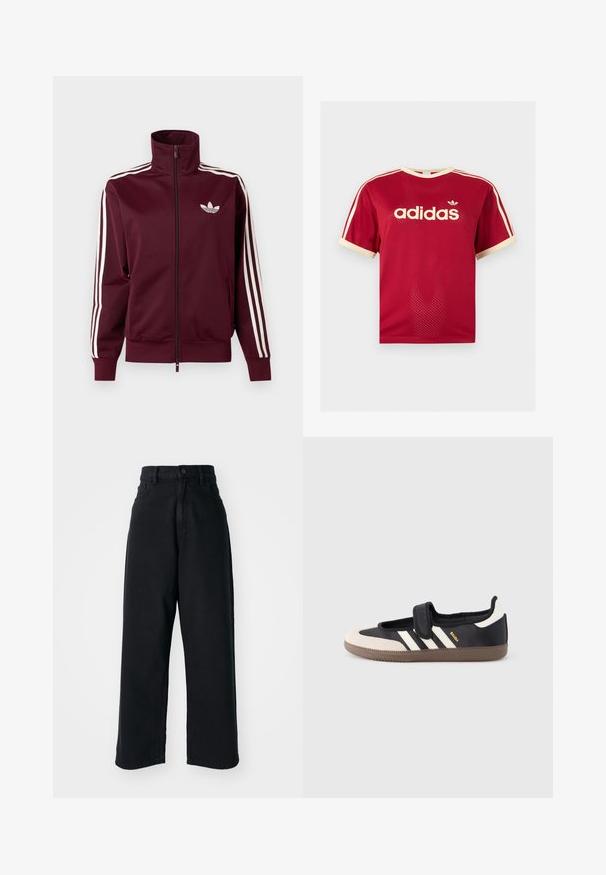 Veste de survêtement bordeaux à fermeture éclair avec logo Adidas blanc sur la poitrine et trois bandes blanches courant le long de chaque manche et des poignets.; T-shirt en mesh rouge Adidas avec un liseré beige sur le col, les manches et les trois bandes aux épaules, avec logo et texte Adidas sur le devant.; Jean noir taille haute à jambes larges avec poches avant et fermeture à bouton, présenté sur un fond blanc uni.; Baskets noires et beiges avec une bride en velcro, trois bandes blanches sur le côté, et une semelle en caoutchouc marron texturée. Logo de la marque visible.