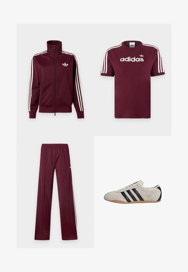 Tumepunane lukuga spordijakk, millel on valge Adidas logo rinnal ning kolm valget triipu kummalgi varrukal ja mansettidel.; Kašmiirpunane puuvillane T-särk valgete triibuliste varrukatega, millel on rinnal valge "adidas" logo ja selle kohal väike logo.; Tumepunased spordipüksid elastse vöökohaga, külgedel lükandtaskud, valged küljestriibud ja väike valge Adidas logo paremal reiel.; Suuletennised halli ülemise osa, mustade triipude ja kummi kummiga talla. Omab nööridega kinnitust ja kuldset logo detailsust küljes.