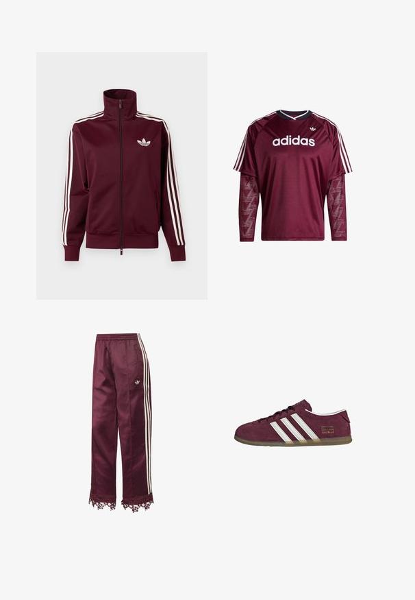Vinrød treningsjakke med glidelås, med hvit Adidas-logo på brystet og tre hvite striper som går nedover hver erme og mansjetter.; Mørkerød Adidas langermet skjorte med mesh-ermene, hvit logo og striper på skuldrene, svart og hvit krage, forfra.; Vinrøde sateng treningsbukser med hvite siderstriper, elastisk midje, glidelåslommer og blondedetaljer nederst.; Vinrød ruskinnsneaker med hvite stripede detaljer, rund tå og såle av gummigummi. Har en logolapp på yttersiden.