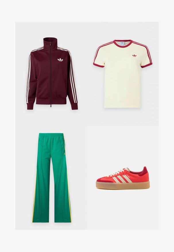Tummanpunainen vetoketjullinen treenitakki, jossa valkoinen Adidas-logo rinnassa ja kolme valkoista raitaa kulkevat hihojen ja hihansuiden läpi.; Kermanvärinen lyhythihainen Adidas T-paita, jossa on punainen resorikaulus, hihansuut, kolme punaista raitaa olkapäillä ja punainen Adidas-trefoil-logo rinnassa.; Vihreät collegehousut, joissa keltaiset sivuraitat, joustava vyötärönauha ja vetoketjulliset taskut, aseteltu tasaisesti valkoista taustaa vasten.; Punaiset lenkkarit, joissa on teksturoitu nappanahkainen varvas ja kanta, kolme beigen väristä raitaa, valkoiset nauhat ja kuminen pohja. Varustettu rei'itettyillä yksityiskohdilla.