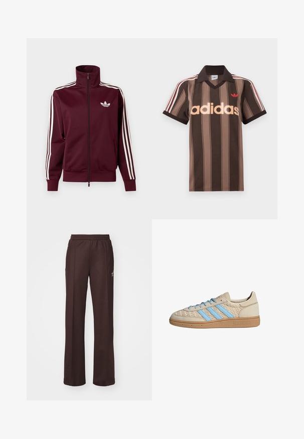 Chaqueta deportiva burdeos con cremallera, logo blanco de Adidas en el pecho y tres franjas blancas que recorren cada manga y los puños.; Polo Adidas marrón con rayas, cuello en V, cuello burdeos y logo rojo. Presenta rayas blancas y rojas en los hombros, mangas cortas.; Pantalones deportivos marrones con una cinturilla elástica, dos bolsillos laterales y un pequeño logo en el lado izquierdo, hechos de una tela suave.; Zapatilla beige con parte superior de punto texturizado, rayas azul claro y suela de goma marrón. Presenta cordones redondos y detalle de logo en el lateral.