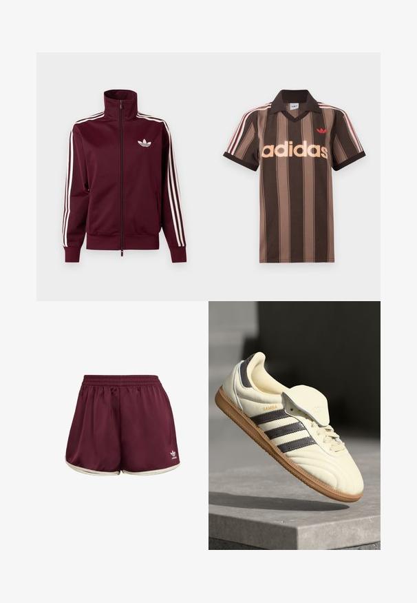 Chaqueta deportiva burdeos con cremallera, logo blanco de Adidas en el pecho y tres franjas blancas que recorren cada manga y los puños.; Polo Adidas marrón con rayas, cuello en V, cuello burdeos y logo rojo. Presenta rayas blancas y rojas en los hombros, mangas cortas.; adidas Originals SPRINTER - Shorts - maroon cream white; Zapatilla de cuero crema con tres rayas oscuras, suela de goma marrón y punta redondeada. Cuenta con una lengüeta plegable etiquetada como "SAMBA".