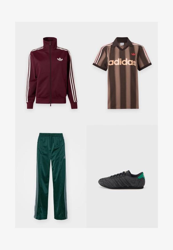 Tumepunane lukuga spordijakk, millel on valge Adidas logo rinnal ning kolm valget triipu kummalgi varrukal ja mansettidel.; Pruunide triipudega Adidas polotee, V-kaelusega, bordeau krae ja punase logoga. Omad valge ja punase triibuga õlad ning lühikesed varrukad.; Tumedad roheline sportpants, mis on valmistatud läikivast materjalist, külgedel on heledates hallides triipudes ja vasakul jalal on broderdatud logo.; Must madala profiiliga tennisejalanõu õrna lillemustriga, mustade paelte, rohelise kontsapleki ja kuldse logoga keelel ja kannal.