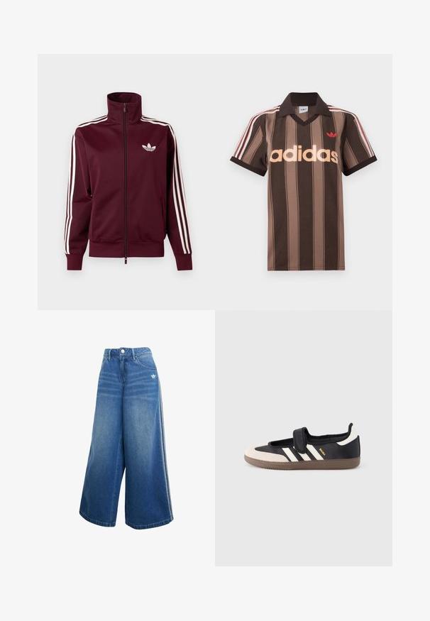 Veste de survêtement bordeaux à fermeture éclair avec logo Adidas blanc sur la poitrine et trois bandes blanches courant le long de chaque manche et des poignets.; Polo Adidas rayé marron avec col en V, col bordeaux, et logo rouge. Comprend des rayures blanches et rouges sur les épaules, manches courtes.; Jeans en denim à jambes larges de couleur bleu moyen, dotés d'une taille haute, de détails de couture subtils et d'un petit logo blanc à l'avant.; Baskets noires et beiges avec une bride en velcro, trois bandes blanches sur le côté, et une semelle en caoutchouc marron texturée. Logo de la marque visible.