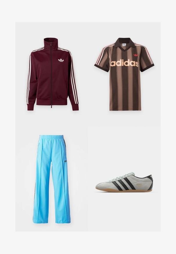 Vinrød lynlåstræningstrøje med hvid Adidas-logo på brystet og tre hvide striber ned langs hver ærme og manchetter.; Brunstribet Adidas polo-shirt med V-hals, bordeaux krave og rødt logo. Har hvide og røde skulderstriber samt korte ærmer.; Lysblå træningsbukser med elastisk talje, sidelommer med lynlås og sorte sideaccenter. Blødt stof med en løs design i bred ben.; adidas Originals TOKYO - Sneakers - silver/core black