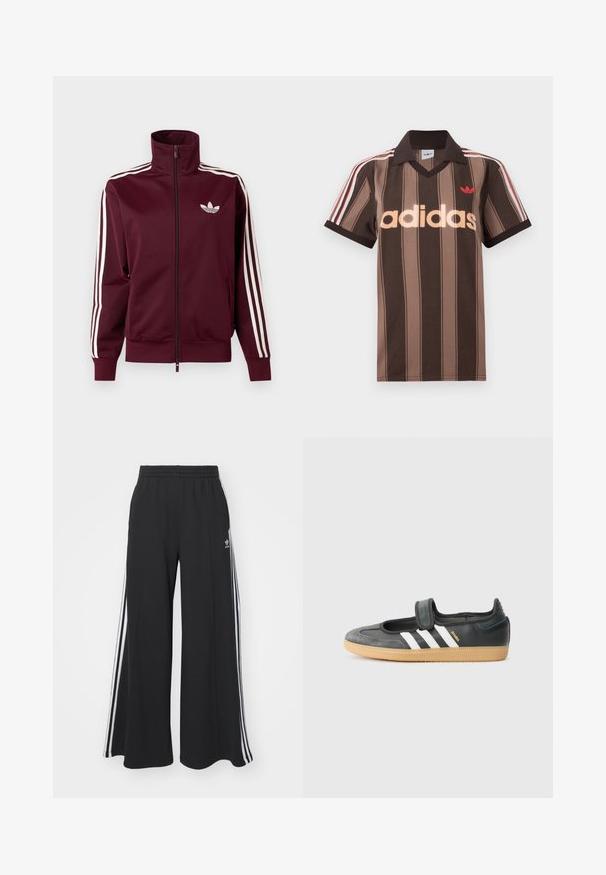 Vinrød lynlåstræningstrøje med hvid Adidas-logo på brystet og tre hvide striber ned langs hver ærme og manchetter.; Brunstribet Adidas polo-shirt med V-hals, bordeaux krave og rødt logo. Har hvide og røde skulderstriber samt korte ærmer.; Sorte bukser med vide ben og elastik i taljen, med tre hvide striber langs ydersiderne og et lille logo foran.; Sort læder- og ruskinds sneakers med en Velcro-rem, der har tre hvide striber og en gummisål, mærket "SAMBA" på siden.