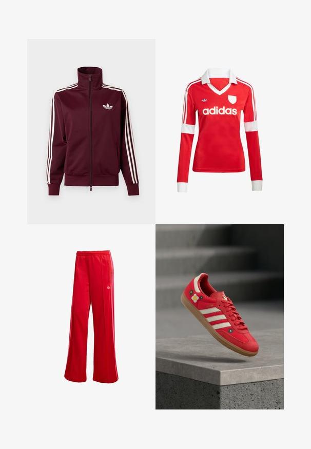 Vinrød lynlåstræningstrøje med hvid Adidas-logo på brystet og tre hvide striber ned langs hver ærme og manchetter.; Rød langærmet fodboldtrøje med hvid krave og manchetter. Har tre hvide striber på skuldrene og "adidas" logoet fremtrædende vist.; Røde atletiske bukser med brede ben, elastisk talje og sidelomme med lynlås. Har et lille hvidt logo på venstre side. Glat tekstur.; Rød sportssko med hvide striber, blomsterbroderi og gummisål. Glat stof med ruskindsdetaljer. Model: Samba.