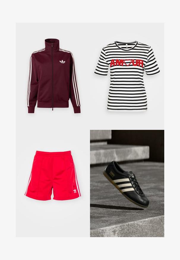 Donkerrode trainingsjas met rits, voorzien van een wit Adidas-logo op de borst en drie witte strepen die langs elke mouw en manchetten lopen.; Gestreept katoenen T-shirt met zwart-witte horizontale strepen, korte mouwen en "AMOUR" in rode, getextureerde letters met een hart.; Rode sportieve shorts met een elastische tailleband, voorzien van witte zijstreepjes en een geborduurd logo aan de onderste linkerkant. Glad textuur.; Zwarte leren sneaker met wit ontwerp van drie strepen, gestructureerde accenten, zwarte veters en een gum zool. Merkenlogo zichtbaar op de tong.