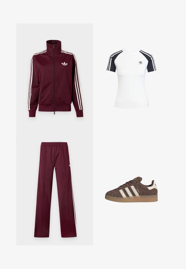 Chaqueta deportiva burdeos con cremallera, logo blanco de Adidas en el pecho y tres franjas blancas que recorren cada manga y los puños.; Camiseta blanca de manga corta con mangas raglán negras. Presenta tres franjas negras en los hombros y un pequeño logo negro de Adidas en el pecho.; Pantalones deportivos burdeos con cinturilla elástica, bolsillos laterales con cremallera, rayas blancas a los lados y un pequeño logotipo blanco de Adidas en el muslo derecho.; Zapatilla de ante marrón con detalles en cuero blanco y tres rayas blancas. Presenta una puntera redonda y una suela de goma. Logotipo en el lateral.