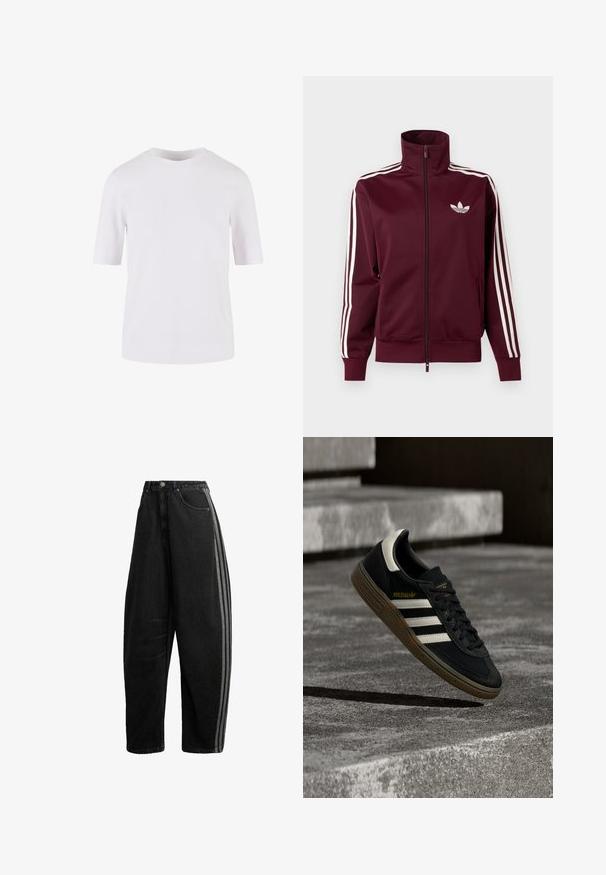 Chaqueta deportiva burdeos con cremallera, logo blanco de Adidas en el pecho y tres franjas blancas que recorren cada manga y los puños.; Camiseta blanca de mangas cortas hecha de algodón suave. Presenta un escote redondo y un corte recto, sin patrones ni adornos.; Vaqueros negros de pierna ancha con cintura alta, cierre de botón y cremallera, bolsillos delanteros y dos rayas grises que recorren las costuras laterales exteriores.; Zapatilla negra de Adidas con rayas blancas y suela de goma flotando sobre escalones de concreto gris a la luz natural.