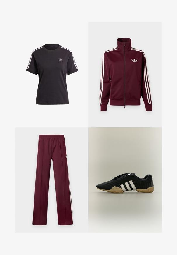 Vinrød lynlåstræningstrøje med hvid Adidas-logo på brystet og tre hvide striber ned langs hver ærme og manchetter.; Sort bomulds t-shirt med korte ærmer og rund hals, der har hvide striber på skuldrene og et lille hvidt Adidas-logo på brystet.; Bordeaux løbebukser med elastisk taljebånd, sidelommer med lynlås, hvide sidelommer og et lille hvidt Adidas-logo på højre lår.; Sort atletiksko med hvide striber og beige tekstureret sål på en neutral baggrund, vist i sideprofil.