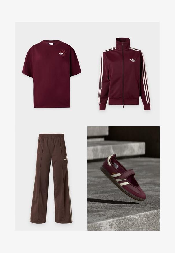Maroon zip-up track jacket with white Adidas logo on chest and three white stripes running down each sleeve and cuffs.; Maroon short-sleeve T-shirt with round neck and small white Adidas logo with floral embroidery on the left chest.; Brown athletic pants with a wide-leg design, white side stripes, an elastic waistband, and two side pockets. Features small logo on the leg.; Maroon athletic shoe with a strap, white side stripes, textured rubber sole, and a smooth upper material. Adjustable fit with cushioned interior.