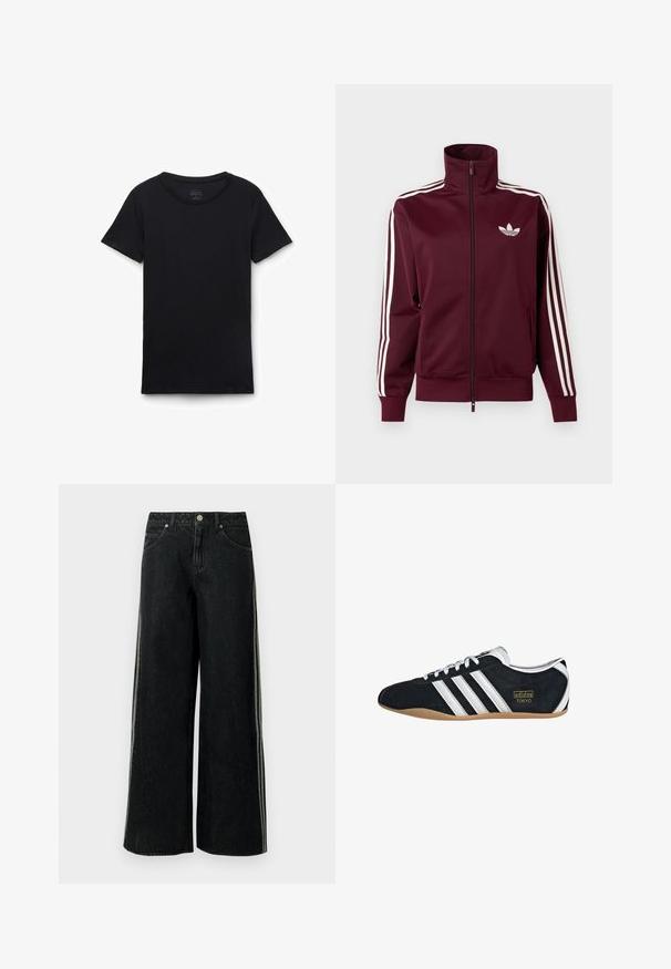 Vinrød lynlåstræningstrøje med hvid Adidas-logo på brystet og tre hvide striber ned langs hver ærme og manchetter.; Sort t-shirt med korte ærmer og rund hals lagt fladt på hvid baggrund, der viser forfra og glat stoftekstur.; Sorte vidde denimjeans med sidelommer, forlommer, bæltestropper og en metal lynlås ved taljen.; Sort ruskinds sneaker med hvide tre striber, guldlogo og en brun gummisål. Har et lavprofil snørebåndsdesign.