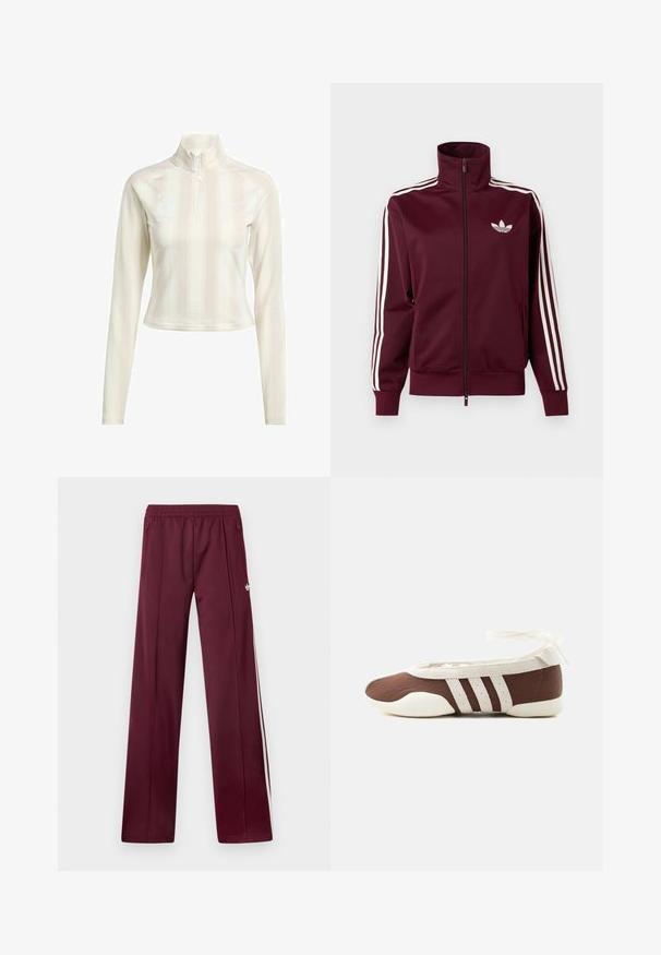 Chaqueta deportiva burdeos con cremallera, logo blanco de Adidas en el pecho y tres franjas blancas que recorren cada manga y los puños.; Sudadera blanca de manga larga con cremallera y cuello alto, que presenta sutiles rayas verticales y logotipos en el pecho y la manga. Textura de tela suave.; Pantalones deportivos burdeos con cinturilla elástica, bolsillos laterales con cremallera, rayas blancas a los lados y un pequeño logotipo blanco de Adidas en el muslo derecho.; Zapato plano de ballet marrón y blanco con tres franjas blancas y lazo para atar en el tobillo sobre un fondo claro y sencillo.