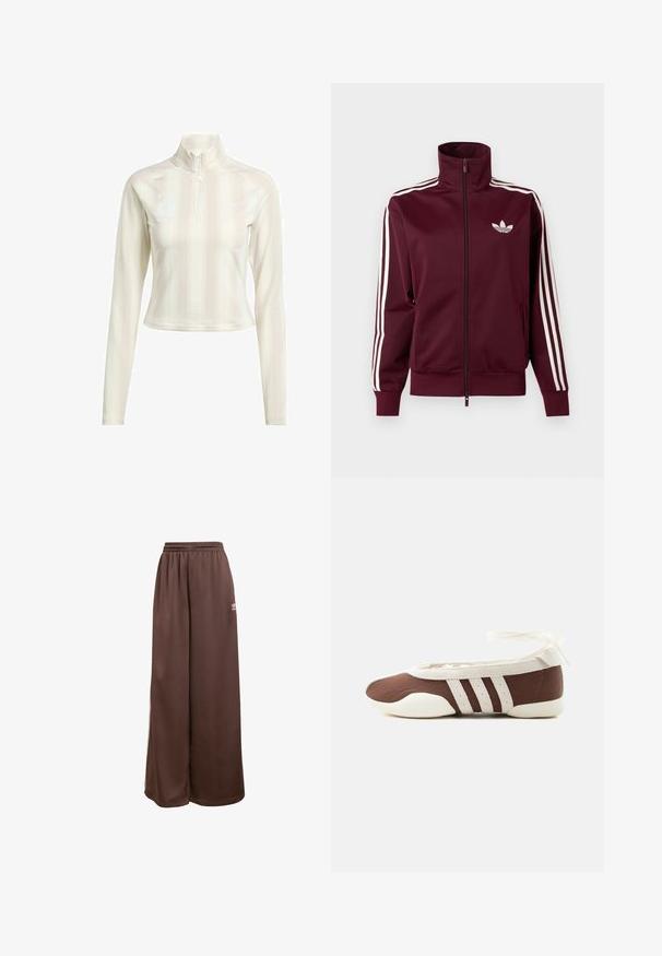 Donkerrode trainingsjas met rits, voorzien van een wit Adidas-logo op de borst en drie witte strepen die langs elke mouw en manchetten lopen.; Witte langesleeve zip-up top met hoge kraag, met subtiele verticale strepen en logo-accenten op de borst en mouw. Zachte stofstructuur.; adidas Originals Trainingsbroek - auburn cream white; Bruine en witte ballerinaschoenen met drie witte strepen en een strik om de enkel op een effen lichte achtergrond.