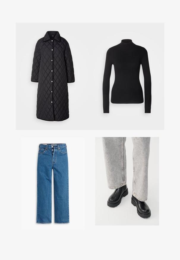 Lang sort quiltet frakke med krave, prydet med diamantmønstre, trykknapper og sort kant. Designet med sidelommer og lige snit.; Sort turtleneck sweater lavet af let strikket stof. Har lange ærmer, et tætsiddende design og en blød ribbet tekstur.; Blå denim lige ben jeans med høj talje, fem lomme design og knaplukning. Markante syninger og kobberfarvede nitter.; Vagabond COSMO - Plateaustøvletter - black