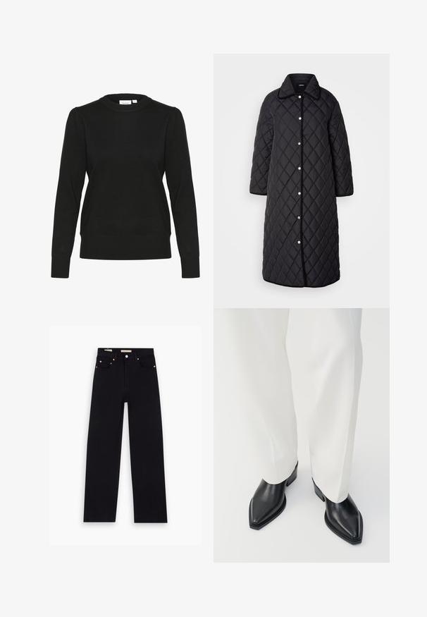 Manteau long noir matelassé avec un col, décoré de motifs en diamant, de boutons-pression et de finitions noires. Conçu avec des poches latérales et une coupe droite.; Pull en tricot noir avec des manches longues, un col rond et des poignets et un ourlet côtelés. Présente des manches légèrement bouffantes pour une texture ajoutée.; Jean en denim noir avec une coupe droite, cinq poches, matériel en cuivre et texture lisse. Deux étiquettes visibles sur la taille.; Bottines noires à bout pointu en cuir lisse, avec des talons bas en bloc, associées à un pantalon large blanc. Design simple et moderne.