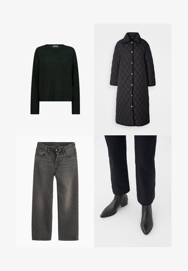 Manteau long noir matelassé avec un col, décoré de motifs en diamant, de boutons-pression et de finitions noires. Conçu avec des poches latérales et une coupe droite.; Pull vert foncé avec un col rond, des manches longues et une coupe décontractée. Fabriqué en tissu texturé, avec des motifs tonals subtils.; Jeans en denim noir avec une coupe droite, taille haute et braguette à boutons. Présente un léger effet délavé et des coutures contrastantes.; Bottines en cuir noir à bout pointu, avec un talon épais et des panneaux latéraux texturés, portées avec un pantalon sombre sur fond blanc.