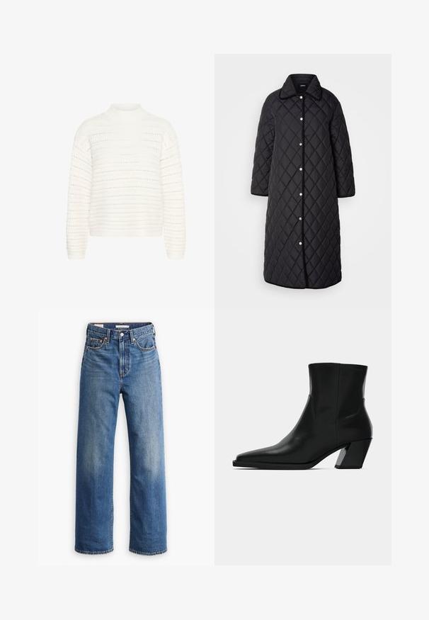 Manteau long noir matelassé avec un col, décoré de motifs en diamant, de boutons-pression et de finitions noires. Conçu avec des poches latérales et une coupe droite.; Kaffe KADOLLY - Pullover - chalk; Jean en denim bleu clair avec une taille haute, une coupe à jambes larges, un style classique à cinq poches et un léger délavage sur le tissu.; Bottine en cuir noir avec un bout pointu, une silhouette élégante et un talon carré massif. Texture lisse avec des détails de couture minimalistes.