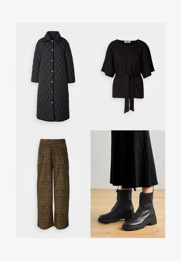 Abrigo largo negro acolchado con cuello, que presenta un patrón de diamantes, botones a presión y ribete negro. Diseñado con bolsillos laterales y corte recto.; Top corto negro de manga corta con cuello redondo, cintura ceñida y textura suave que presenta sutiles destellos metálicos en toda la tela.; Pantalones de pierna ancha en un estampado de leopardo marrón y negro. Presenta una cinturilla alta y un diseño plisado. Tela suave con una textura lisa.; Botas de tobillo de cuero negro con suela de plataforma gruesa y cremallera delantera. Textura suave con un diseño minimalista.