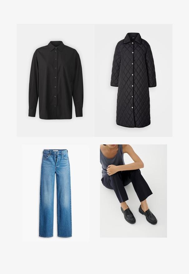 Pikk must tikandiga mantel kraega, millel on teemantimustrid, nõksuklõpsud ja must äär. Kujundatud küljetaskute ja sirge lõikega.; GAP THE BIG SHIRT - Nööpidega pluus - black; Tumesinised teksapüksid kõrge vöökoha, laia jala disaini ja viie taskuga. Omab nööpidega sulgemist ja pleekinud viimistlust.; Mustad nahast loafersid tekstureeritud detailidega, madala kontsaga, ümmarguse varbaosaga ja nähtava õmblustega. Modell kannab tumedaid pükse ja halli t-särki.