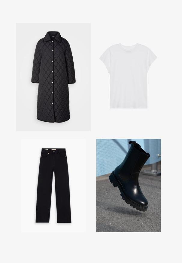 Lang sort quiltet frakke med krave, prydet med diamantmønstre, trykknapper og sort kant. Designet med sidelommer og lige snit.; Hvid kortærmet t-shirt med rund hals, afslappet pasform, lavet af blødt bomuldsstof. Glat tekstur, ingen mønstre eller logoer.; Sorte denim jeans med lige pasform, fem lommer, kobberdetaljer og en glat tekstur. To mærker synlige på taljebåndet.; Sort ankelstøvle i læder med elastiske sidepaneler, rund tå og en tyk, tekstureret sål. Glat finish med et minimalistisk design.