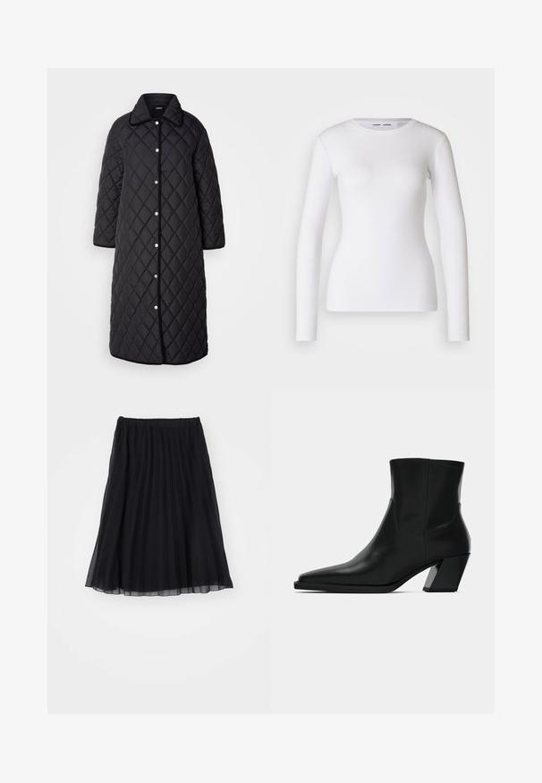 Abrigo largo negro acolchado con cuello, que presenta un patrón de diamantes, botones a presión y ribete negro. Diseñado con bolsillos laterales y corte recto.; Camisa blanca de manga larga hecha de tela acanalada, con un cuello redondo y una forma ajustada. No presenta patrones ni detalles.; Falda plisada negra de tela transparente, con cintura elástica. Su diseño fluido se extiende hasta la mitad de la pantorrilla, mostrando pliegues verticales.; Bota de tobillo de cuero negro con punta afilada, una silueta elegante y un tacón cuadrado grueso. Textura suave con detalles de costura mínimos.