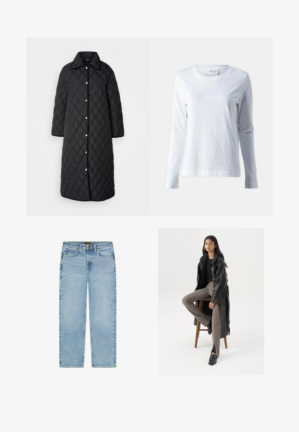 Lang sort quiltet frakke med krave, prydet med diamantmønstre, trykknapper og sort kant. Designet med sidelommer og lige snit.; Hvid langærmet t-shirt lavet af blødt bomuld. Har en rund halsudskæring og tætsiddende ærmer. Glat tekstur med et enkelt design.; Lee CAROL - Jeans Straight Leg - laundry line; Sort læder trench coat med knapper og bælte detalje, parret med lysebrune tætsiddende bukser og sorte loafers, siddende på en træstol.