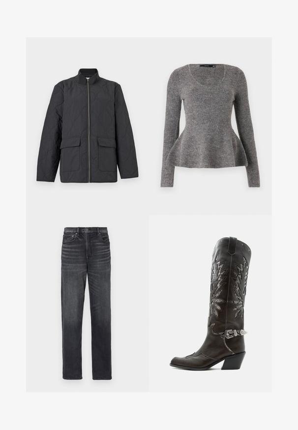 Gesteppte dunkelgraue Jacke mit hohem Kragen, Frontreißverschluss und zwei Klapptaschen. Das Gewebe weist ein durchgängiges strukturiertes Muster auf.; Grau gestreifter Pullover, lange Ärmel, runder Ausschnitt, ausgestellter Saum an der Taille, mittelschweres Strickmaterial, weicher Stoff.; Schwarze Jeans aus Denim mit geradem Bein, featuring Fronttaschen, einem Knopfverschluss und subtilen Verwaschungen.; Schwarzer Leder-Cowboystiefel mit dekorativen Ausschnitten, silberner Schnalle und schräger Ferse, auf weißem Hintergrund dargestellt.