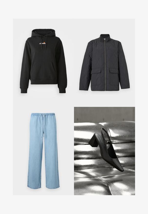 Donkergrijze gewatteerde jas met een hoge kraag, ritssluiting aan de voorkant en twee klepzakken. Heeft een gestructureerd patroon over de hele stof.; Zwarte hoodie met een voorzak, capuchon met trekkoord en een klein kleurrijk logo op de borst. Gemaakt van gladde, zachte stof met geribbelde manchetten.; Lichtblauwe wijde denimbroek met elastische tailleband en vooraan koorddetail op een witte achtergrond.; Zwarte slingback hak met een puntige neus, voorzien van een getextureerd oppervlak en een stevige blokhak. Geplaatst tegen een glanzende, metallic achtergrond.