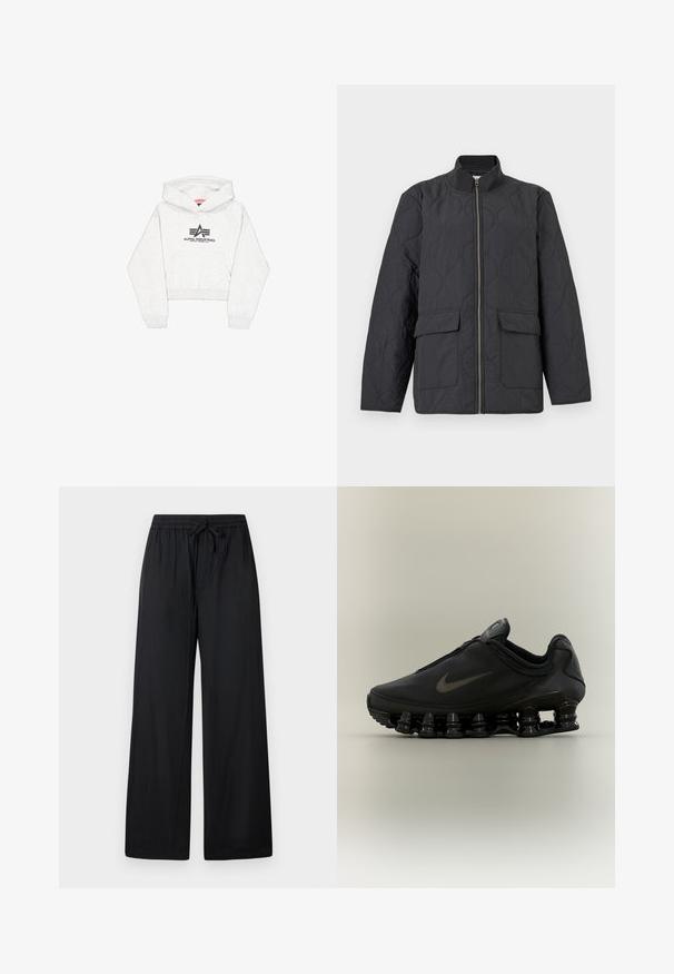 Gesteppte dunkelgraue Jacke mit hohem Kragen, Frontreißverschluss und zwei Klapptaschen. Das Gewebe weist ein durchgängiges strukturiertes Muster auf.; Hellgraue, kurze Kapuzenjacke aus weichem Stoff, ausgestattet mit einer Fronttasche und einem schwarzen "Alpha Industries"-Logo mit stilisierten Akzenten auf der Brust.; Schwarze, weit geschnittene Hose aus weichem Stoff mit elastischem Bund und Kordelzug, ausgestattet mit zwei vorderen Taschen und einer glatten Textur.; Schwarzer Nike-Sneaker mit einem Reißverschluss am Obermaterial und markanter federähnlich segmentierter Sohle, im Seitenprofil vor neutralem Hintergrund dargestellt.