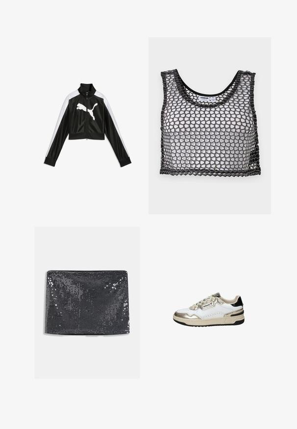Zwart-wit sportjack met ritssluiting, lange mouwen en een groot wit Puma-logo aan de voorkant.; Zwarte mouwloze crop top met brede mesh-netstructuur en gegolfde randen, plat neergelegd met de voorkant en binnenlabels zichtbaar.; Zwarte pailletten clutch met een rechthoekige vorm, met een gladde textuur en reflecterende pailletten die het oppervlak bedekken voor extra glans.; Witte en gouden sneaker met zwarte accenten, voorzien van glad leer, een ronde neus, vetersluiting en een gestructureerde rubberen zool.