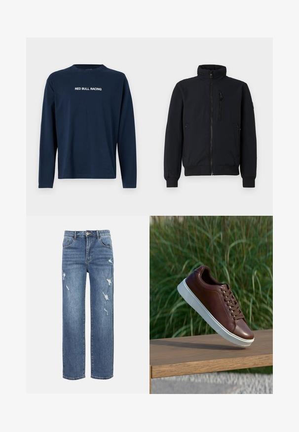 Chaqueta bomber negra con cuello alto, cremallera frontal, puños acanalados y dos bolsillos laterales. Tejido suave con una cinturilla texturizada.; Camiseta de manga larga en color navy hecha de algodón, con cuello redondo y el texto "RED BULL RACING" en blanco en el pecho.; Vaqueros de mezclilla con lavado azul claro, corte de pierna recta, parches desgastados, diseño de cinco bolsillos y cierre de botón en la cintura.; Zapatilla de cuero marrón con suela de goma blanca, diseño de cordones, textura suave, punta redondeada y detalles de costura sutiles.