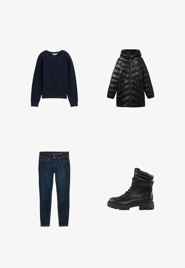 Schwarze Steppjacke mit Kapuze, Reißverschluss, Zickzack-Steppmuster und Seitentaschen. Glatte, glänzende Oberfläche.; Marineblauer Strickpullover mit lockerer Passform, weitem Rundhalsausschnitt und gerippten Bündchen. Mit einem strukturierten Muster über den gesamten Stoff.; Dunkelblaue Denim-Jeans mit schmaler Passform, orangefarbener Naht, fünf Taschen und einem Knopfverschluss an der Taille.; Schwarze Schnürboots mit glanzlederner Oberfläche, gepolstertem Kragen und robuster Gummisohle. Mit Metallösen und Branding an der Seite.