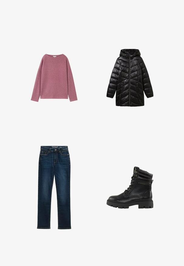 Sort oppustelig jakke med hætte, med lynlåslukning, chevron-quiltet mønster og sidelommer. Glat, blank overflade.; Langærmet, løstsiddende sweater i et blødt pink strikmateriale. Rund halsudskæring og sænkede skuldre med en struktureret overflade.; Mørkeblå lige ben jeans lavet af denim, med fem lommer, metalknaplukning og kontraststikning. Ingen synlige slidmærker.; Sorte snørestøvler med en blank læderfinish, polstret krave og kraftig gummisål. Udstyret med metal-øjer og branding på siden.