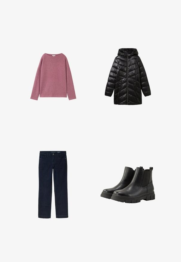Sort oppustelig jakke med hætte, med lynlåslukning, chevron-quiltet mønster og sidelommer. Glat, blank overflade.; Langærmet, løstsiddende sweater i et blødt pink strikmateriale. Rund halsudskæring og sænkede skuldre med en struktureret overflade.; Mørkeblå denimjeans med lige ben-design, der har forlommer og kontrasterende gule syninger langs sømmene.; TOM TAILOR Ankelstøvler - black