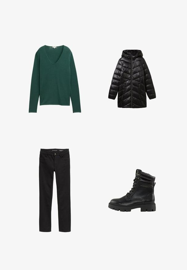 Chaqueta de plumas negra con capucha, que presenta un cierre de cremallera, patrón de acolchado en chevron y bolsillos laterales. Textura suave y brillante.; Suéter verde de manga larga con escote en V profundo, hecho de un tejido suave. Presenta un ajuste relajado y una textura sutil y suave.; Jeans de pierna recta negros fabricados en denim, con cinco bolsillos, cierre de botón y una textura sutil. Logo de la marca en el interior de la cinturilla.; Botas negras con cordones, con un acabado de cuero brillante, cuello acolchado y suela de goma gruesa. Presentan ojales de metal y una marca en el lado.