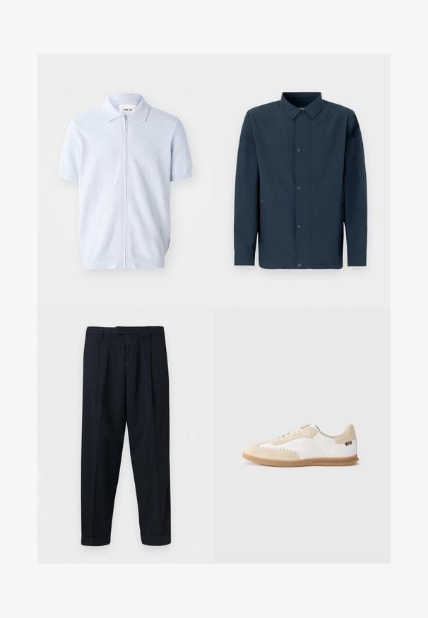 Dunkelblaues Langarmhemd mit strukturierter Stoffqualität, durchgehender Knopfleiste, klassischem Kragen und seitlichen Taschen vor einfachem Hintergrund.; Himmelblaues Polohemd mit kurzen Ärmeln, mit einem Reißverschluss und ribbeliger Textur, klassischem Kragendesign und geradem Saum.; Marineblaue, maßgeschneiderte Hose mit Gürtelschlaufen, vorne mit Falten und umgeschlagenen Säumen, vor weißem Hintergrund dargestellt.; Weißer Sneaker mit hellbeigen Wildledereinsätzen, perforierten Details, flachen Schnürsenkeln und einer Gummisohle in Karamellfarbe. Mit gestreiftem Markenlogo an der Ferse.