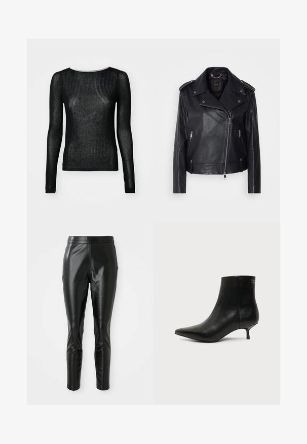 Chaqueta de cuero negra de moto con un acabado texturizado, cremallera asimétrica, cuello con solapa y detalles en metal plateado. Presenta dos bolsillos laterales.; Top negro de manga larga hecho de una tela sheer y con canalé. Presenta un escote redondo y un diseño ajustado, con una textura suave y un minimalismo en los detalles.; Pantalones de cuero negro con un ajuste slim, con una textura suave y una cintura alta. Los detalles incluyen acentos en las rodillas para un diseño añadido.; Botín de piel negra con puntera puntiaguda y tacón bajo estilo kitten sobre fondo claro, mostrando vista lateral exterior.