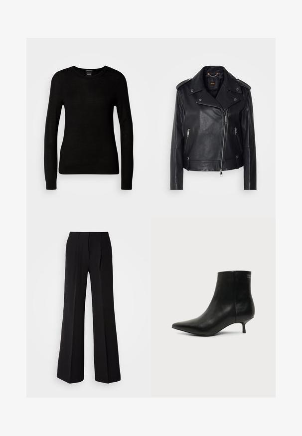 Chaqueta de cuero negra de moto con un acabado texturizado, cremallera asimétrica, cuello con solapa y detalles en metal plateado. Presenta dos bolsillos laterales.; Suéter negro confeccionado en un material de punto fino, con cuello redondo y mangas largas con puños ajustados. Sin patrones ni adornos visibles.; Pantalones negros de tejido suave, con cintura alta, silueta de pierna ancha y dos pliegues frontales para añadir detalle de diseño.; Botín de piel negra con puntera puntiaguda y tacón bajo estilo kitten sobre fondo claro, mostrando vista lateral exterior.