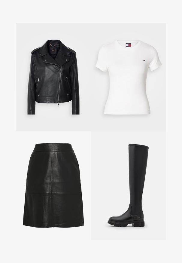 Sort læder bikerjakke med tekstureret finish, asymmetrisk lynlås, klapkrave og sølv hardware-detaljer. Har to sidelommer.; Hvid bomulds t-shirt med korte ærmer, rund halsudskæring, med et lille logo på brystet. Glat tekstur, tætsiddende silhuet.; Sort nederdel i imiteret læder med A-form, høj talje og synlige sømdetaljer hen over fronten og nær nederste kant.; Sorte knæhøje støvler lavet af glat læder, med en kraftig sål, minimalistisk design og diskret branding i metallic guld.