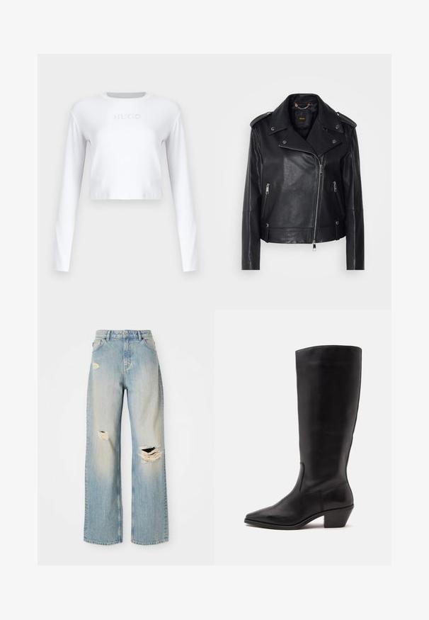 Chaqueta de cuero negra de moto con un acabado texturizado, cremallera asimétrica, cuello con solapa y detalles en metal plateado. Presenta dos bolsillos laterales.; Top corto de manga larga blanco hecho de una tela suave, con un sutil logo "HUGO" en gris claro en la parte delantera.; Vaqueros rectos de color azul claro con cintura alta, presillas para cinturón y desgastes en el muslo izquierdo, la rodilla derecha y la parte inferior de la pierna izquierda.; Bota de cuero negra hasta la mitad de la pantorrilla con puntera puntiaguda y tacón bajo inclinado sobre un fondo claro y liso.
