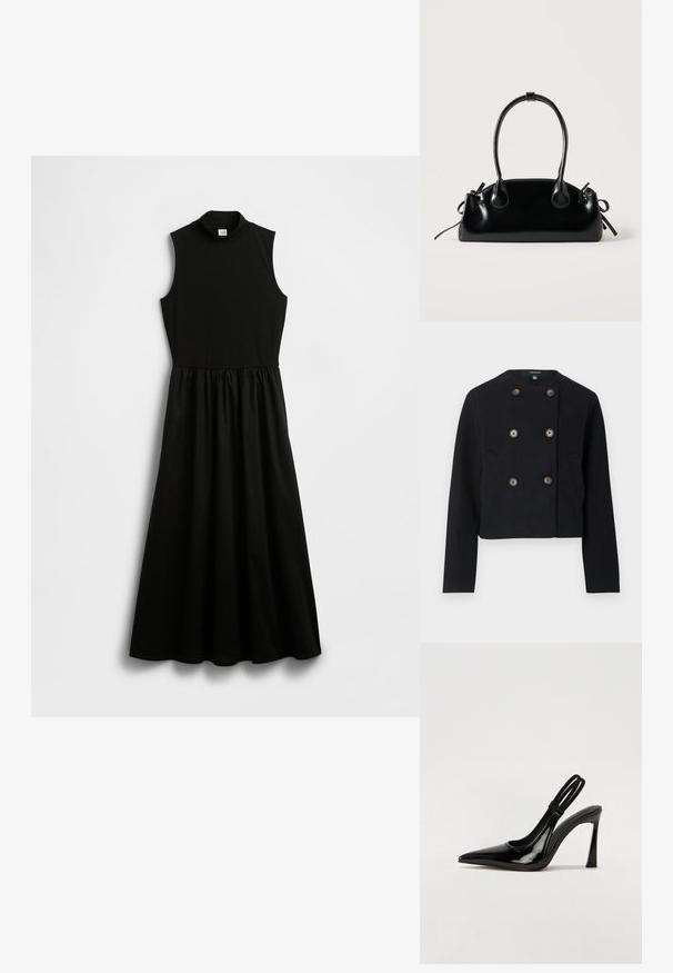 Veste noire raccourcie à double boutonnage avec six boutons et deux poches avant, dotée d'un col rond et de manches longues.; Robe noire sans manches avec un col montant simulé, un haut ajusté et une taille froncée menant à une jupe fluide. Confectionnée dans un tissu lisse.; Escarpin en cuir verni noir à talon aiguille, à bout pointu, avec une sangle élastique double pour un maintien sécurisé. Surface lisse et brillante.; Petit sac à main noir brillant avec deux longues anses et des détails à cordon sur les côtés sur un fond clair uni.